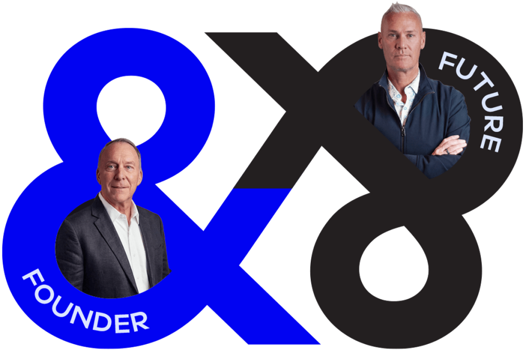 B&P co-founder Chuck Johnston and new President and CEO Fletcher Whitwell, framed inside a blue and black ampersand and labelled Founder and Future