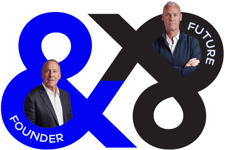 B&P co-founder Chuck Johnston and new President and CEO Fletcher Whitwell, framed inside a blue and black ampersand and labelled Founder and Future